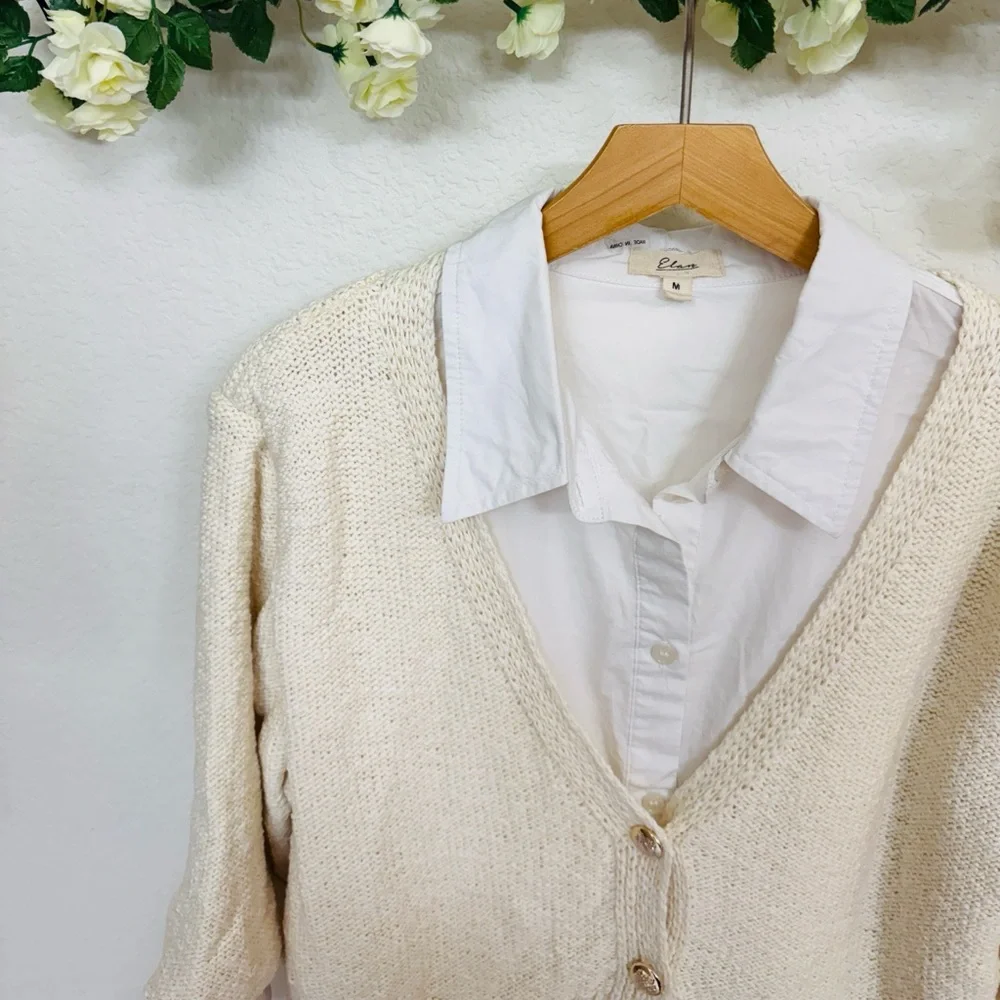 Elan • Cream Knit Cardigan with Attached White Button Up Shirt - Picture 2 of 4